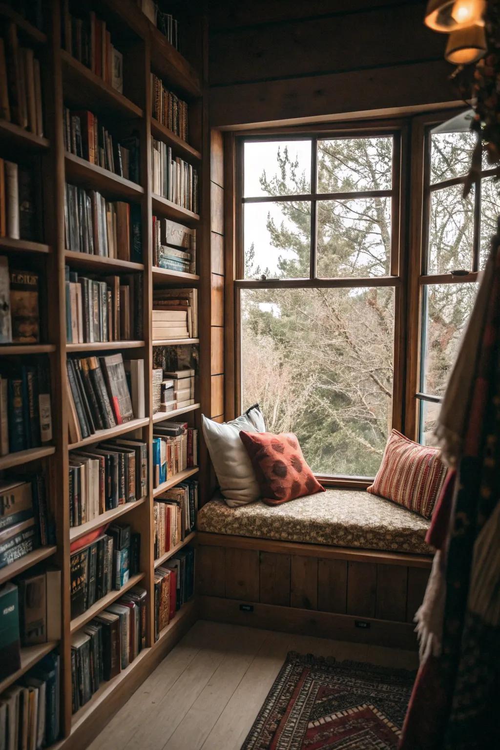 A window seat with surrounding bookshelves creates an ideal reading retreat.