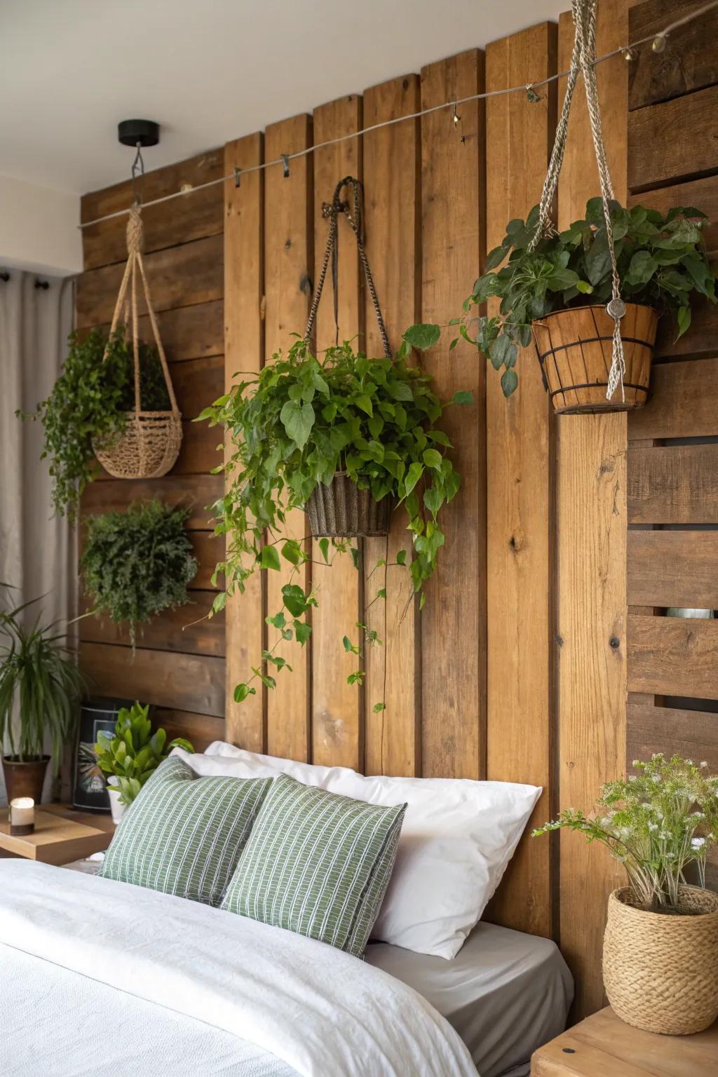 Natural timber and flora infuse a rustic charm into the bedroom.