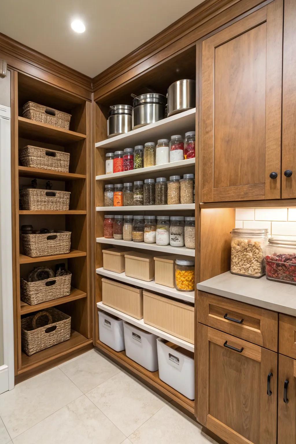 Adjustable shelving provides versatile storage solutions.