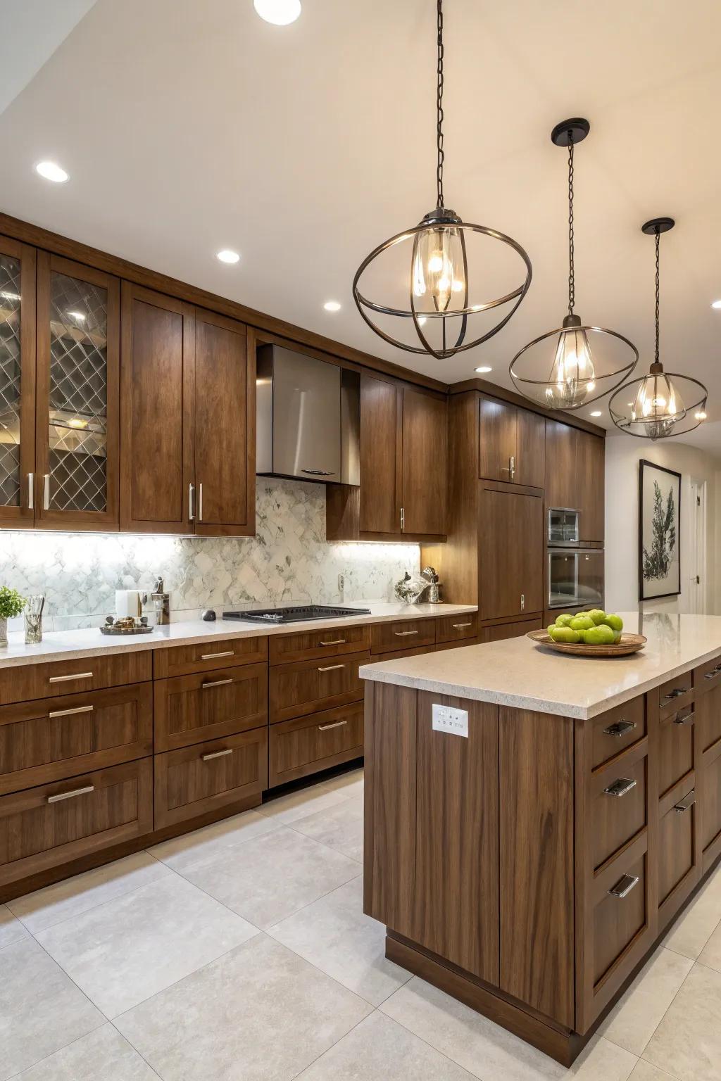 Modern fixtures illuminate the elegance of walnut units.