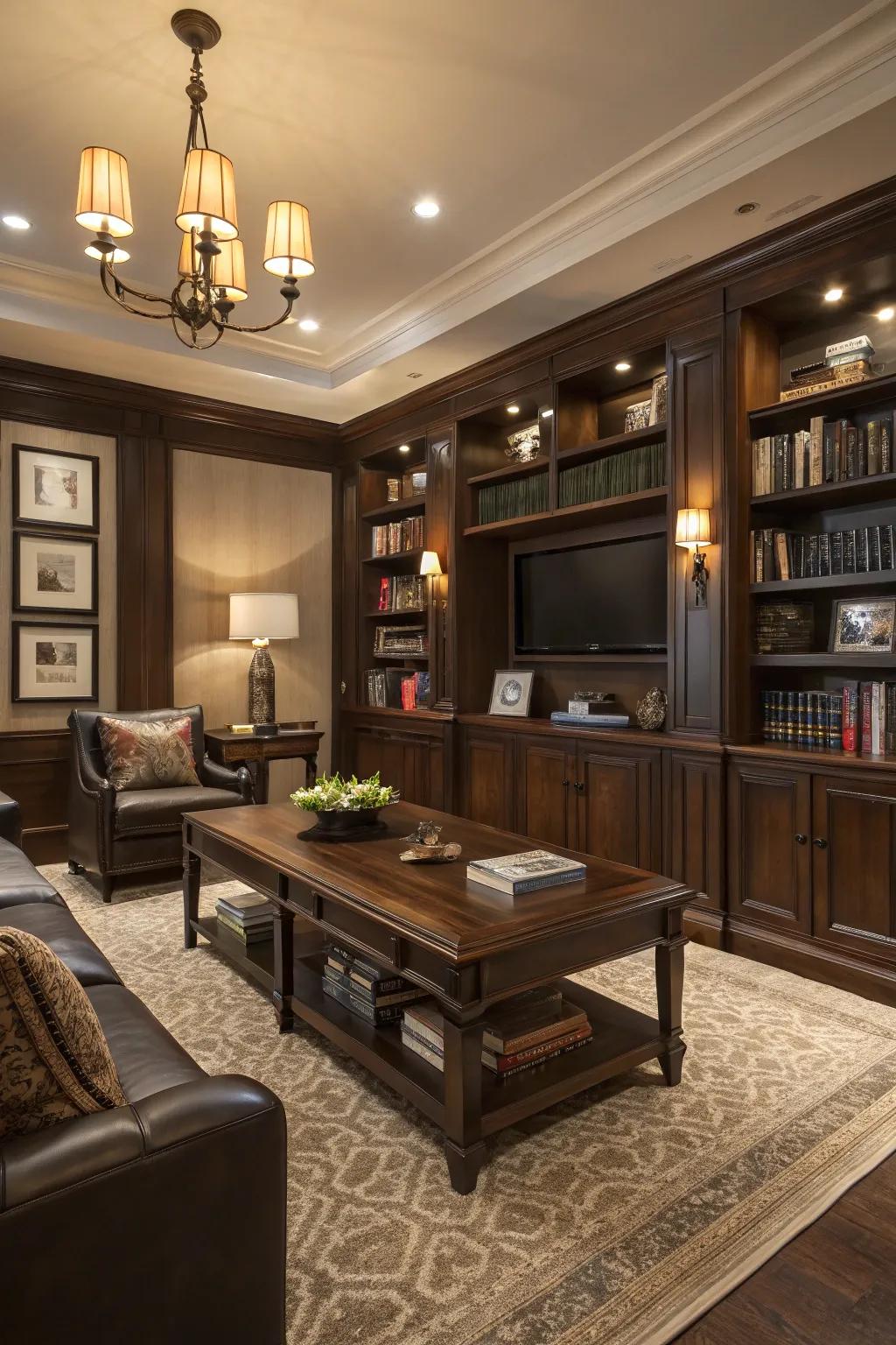 Dark timber elements infuse a sense of ageless grace into your lounge.