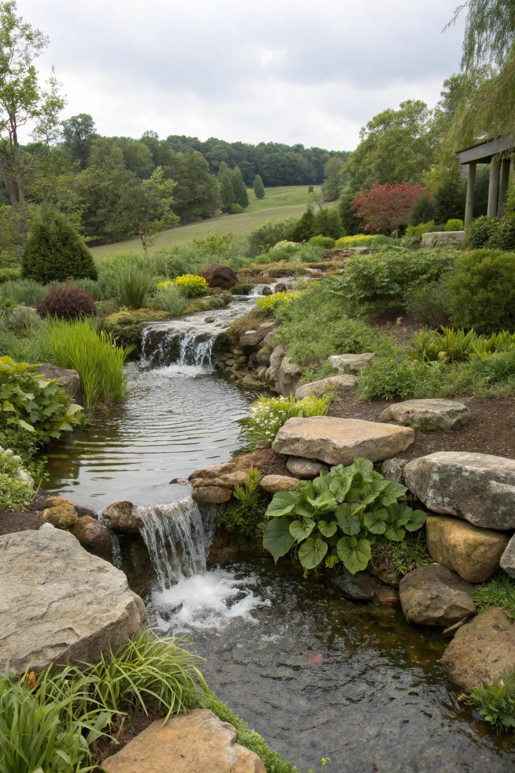 A brook waterfall lends an organic cascade to your garden.