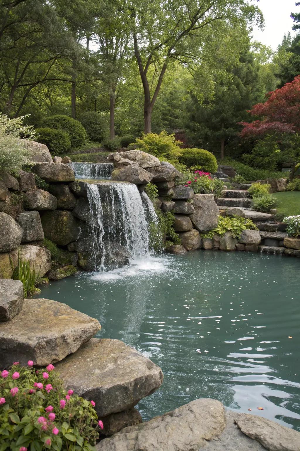 A serene garden pool boasts a stone waterfall softly emptying into it.
