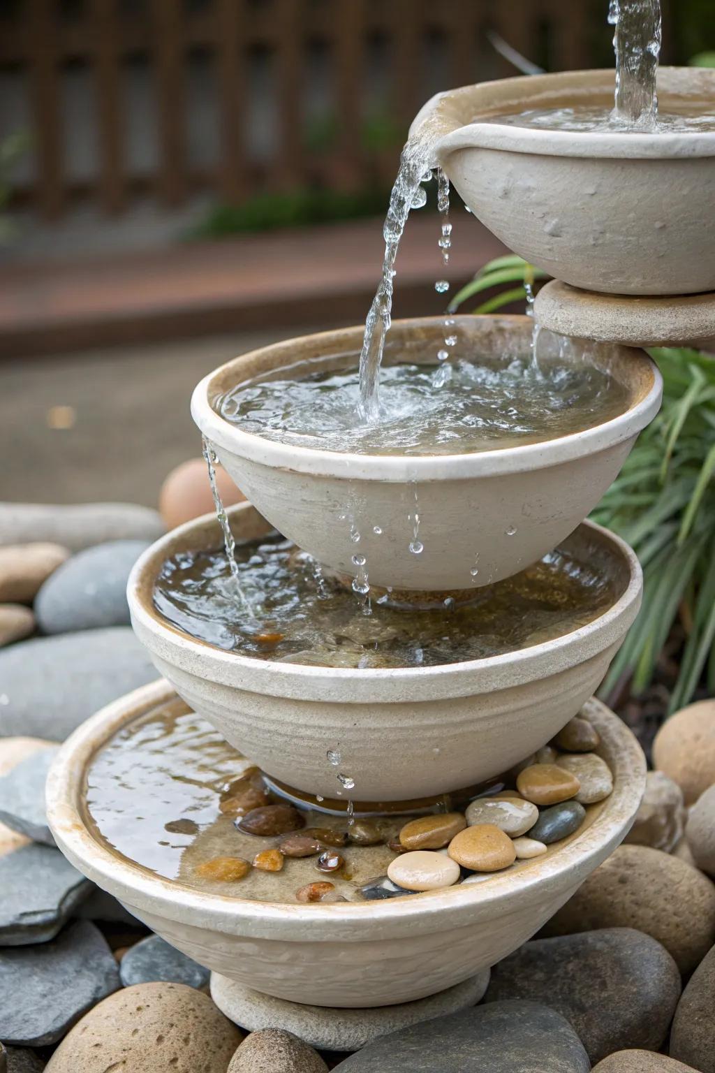 Tiered bowls produce a simple yet elegant cascading waterfall.