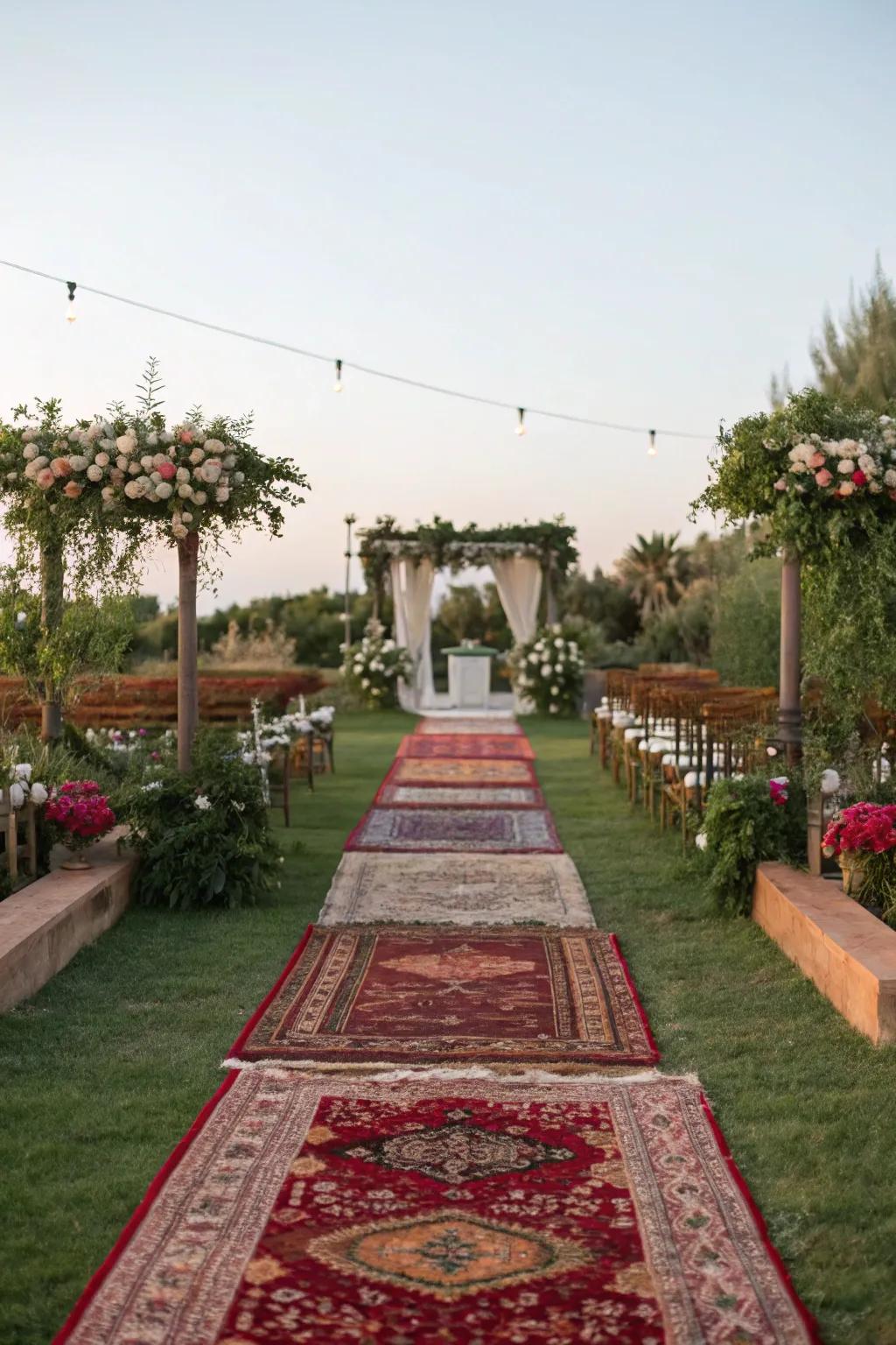 A vibrant and textured aisle that features layered Persian rugs.