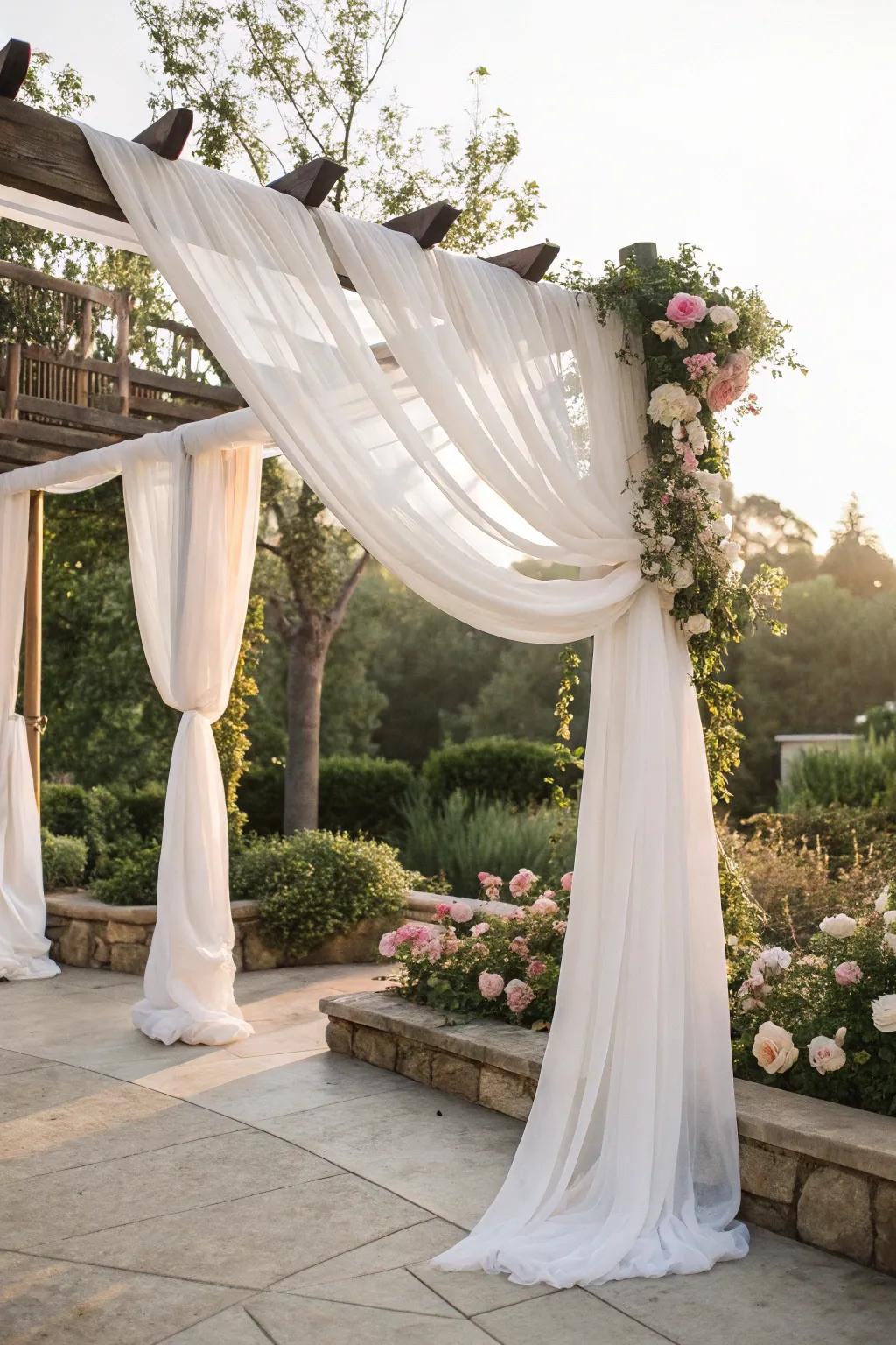 An ethereal arch featuring flowing chiffon fabric for a romantic touch.