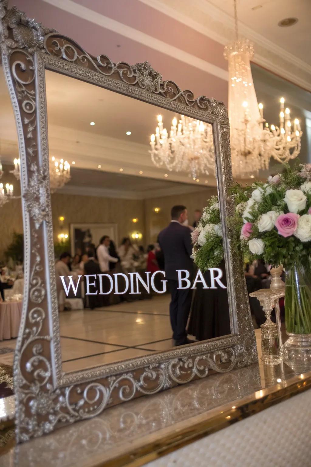 A mirrored bar sign reflecting the elegant décor.