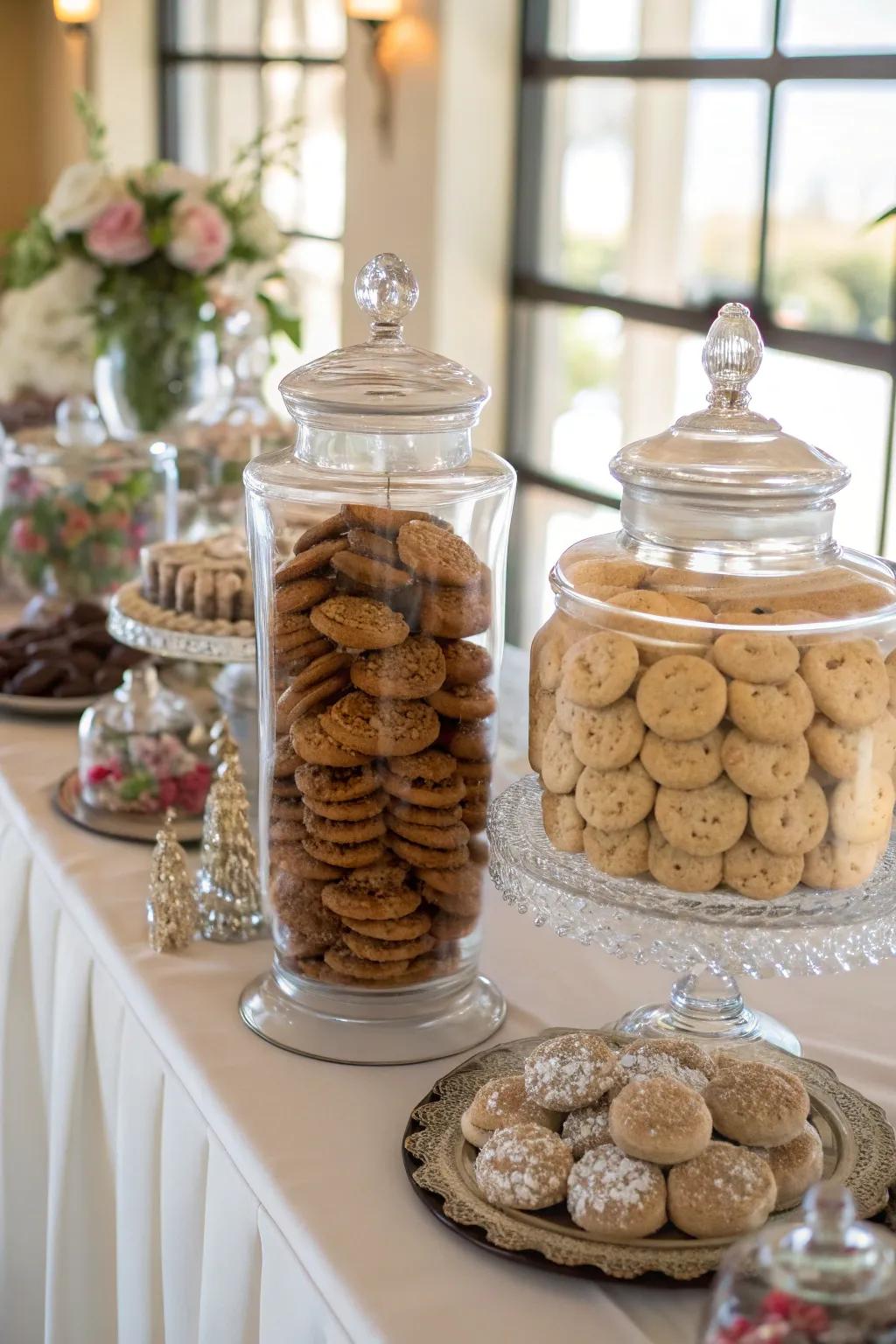 Glass jars elegantly display cookies at a wedding.