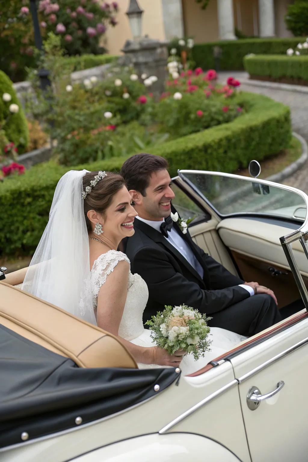 The wedding couple arrives in a classic vintage automobile, incorporating timeless style to their entrance.