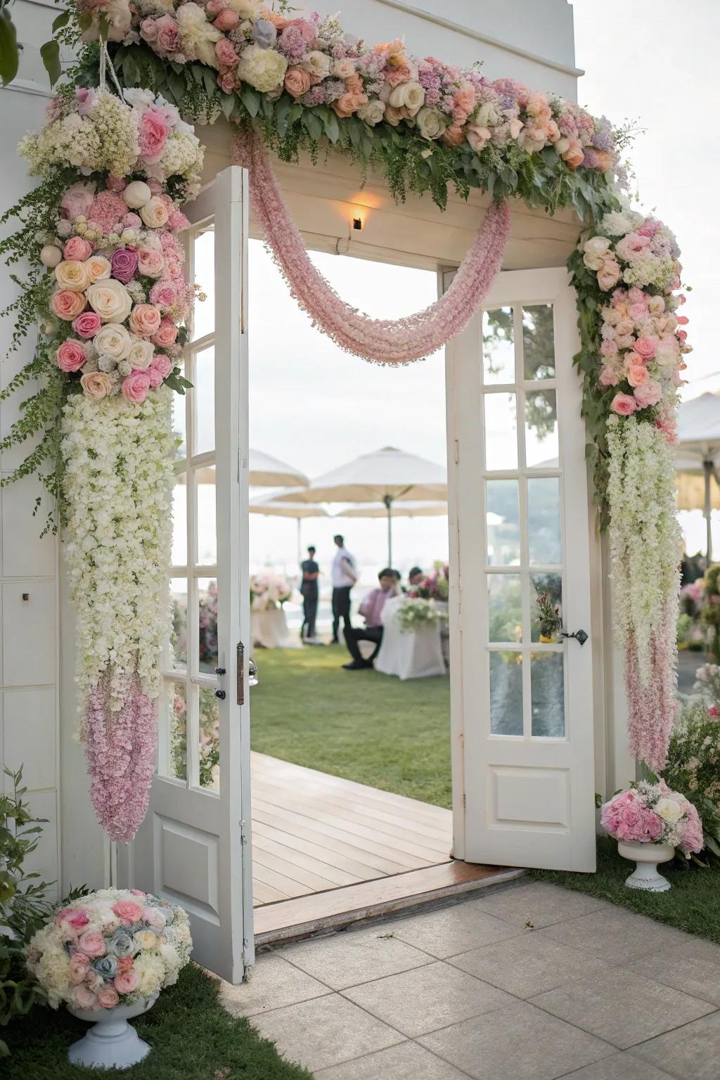 Unconventional floral displays on doorframes and in hanging installations, creating a memorable wedding setting.