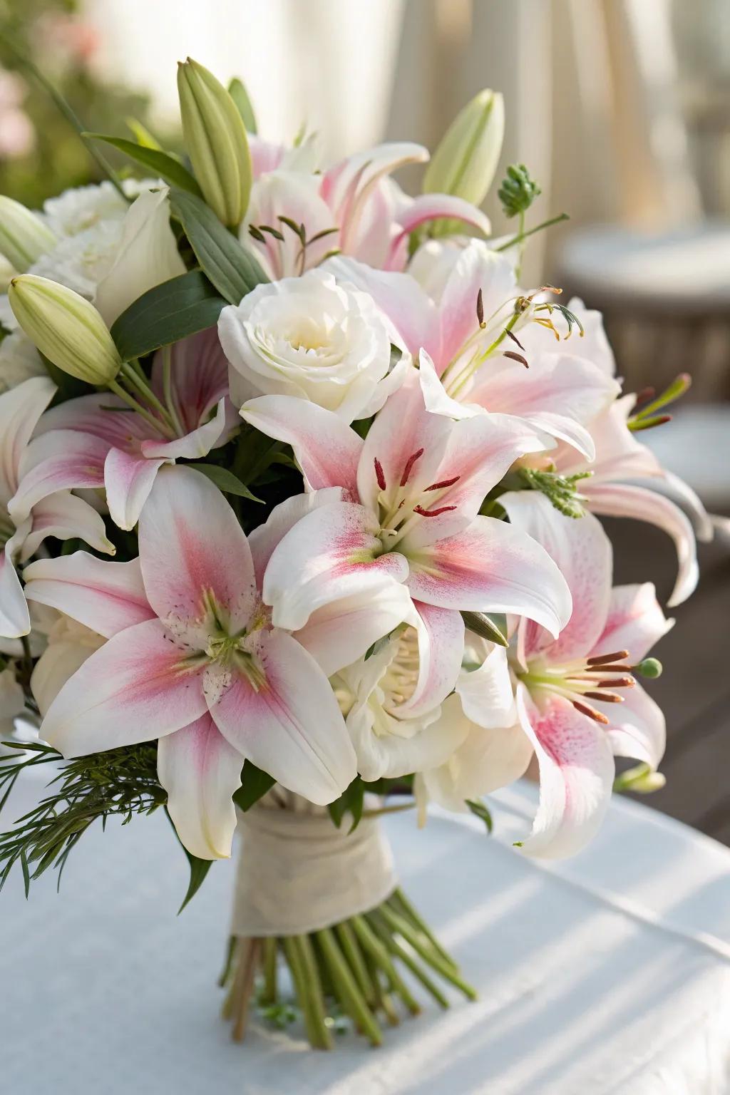 A modern lily bouquet with a hint of sophistication.