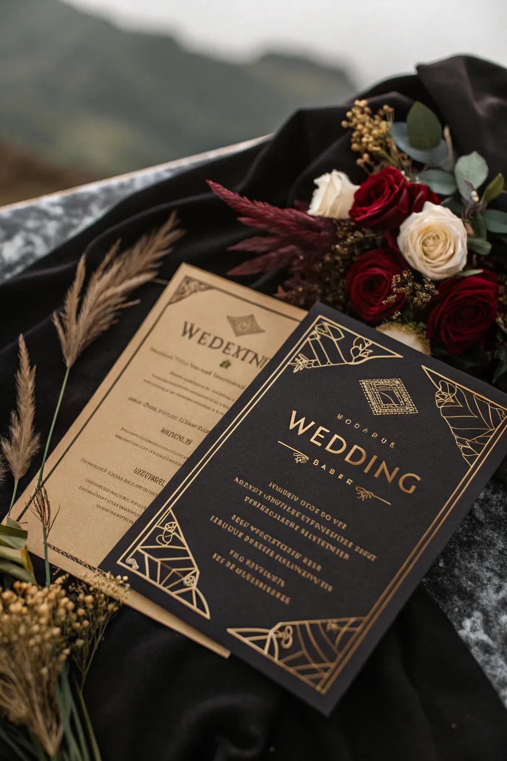 A wedding invitation with rich, dramatic colors evokes an intense mood.