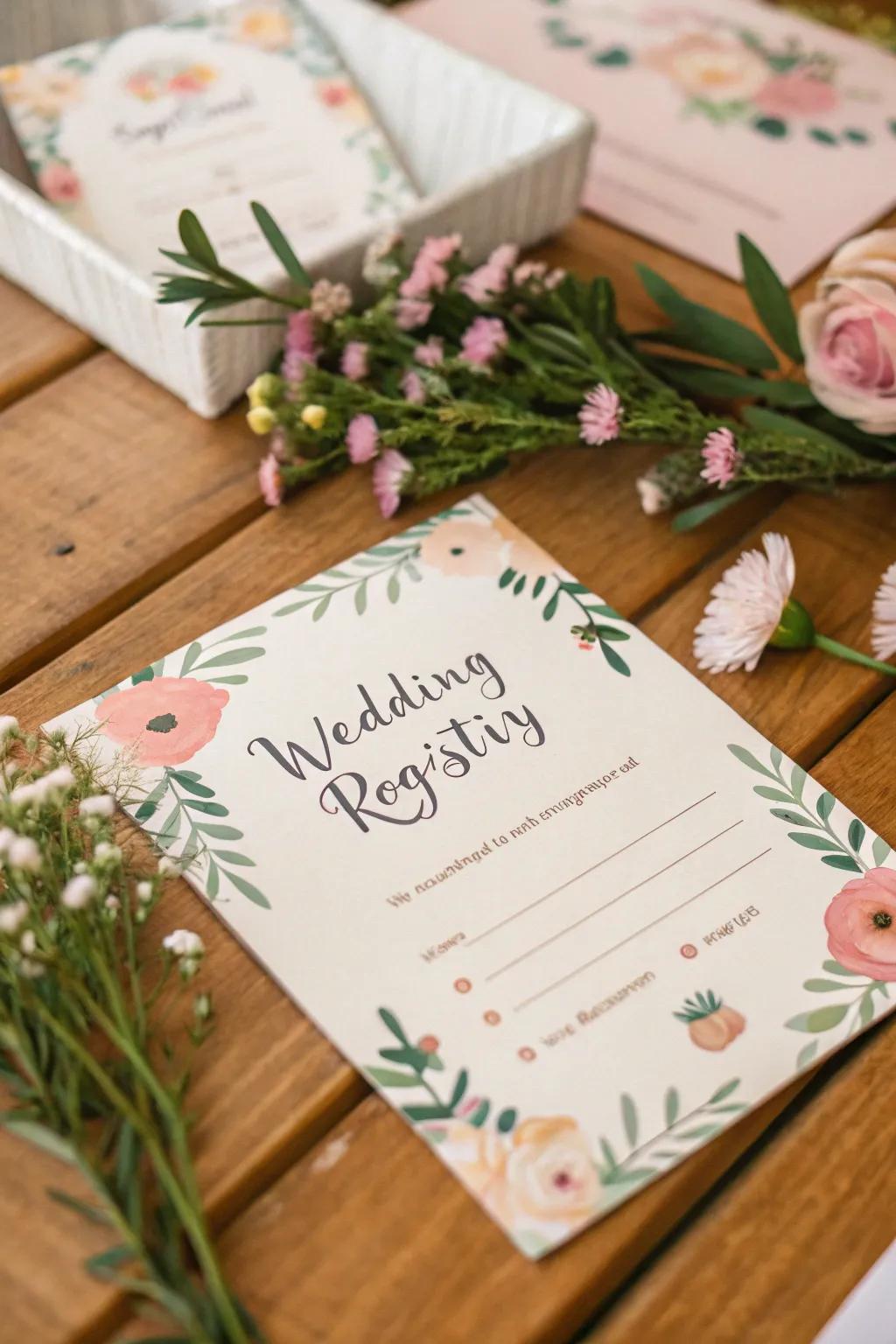 A registry card enhanced with delicate floral elements.