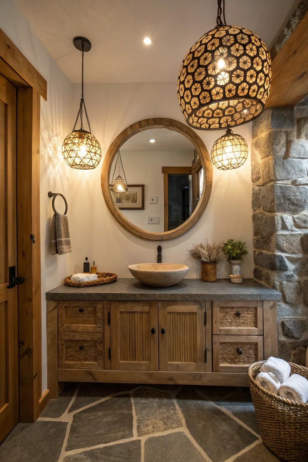 Unique mirrors and lighting enhance the style of this Western bathroom.