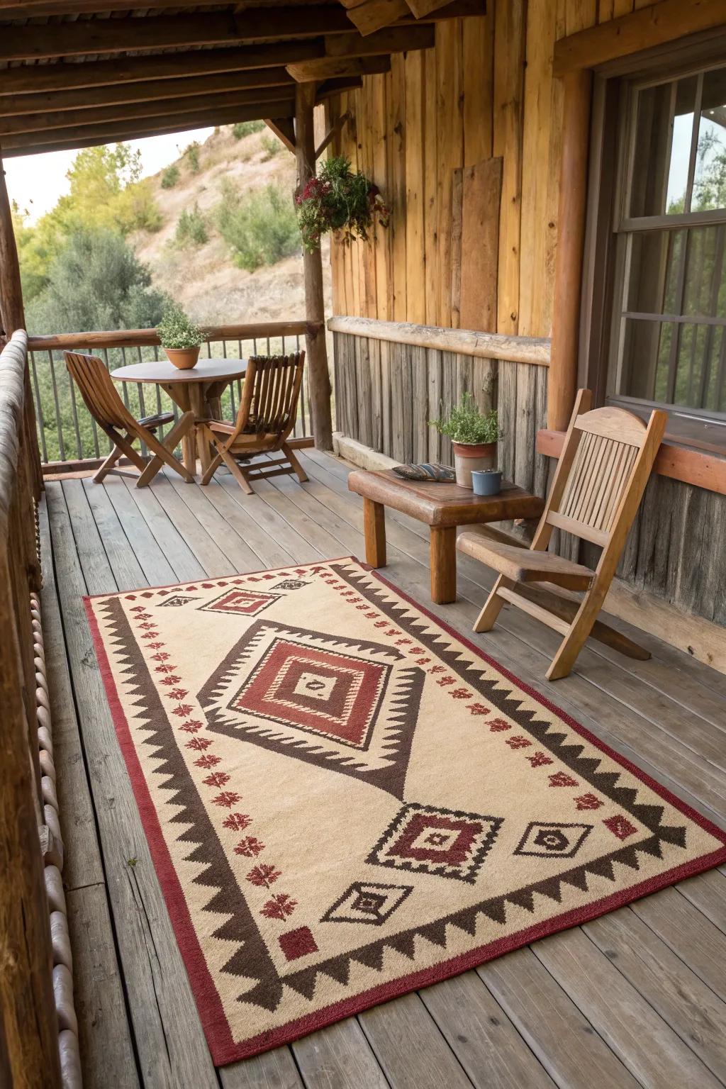 Patterned floor coverings contribute color and texture.