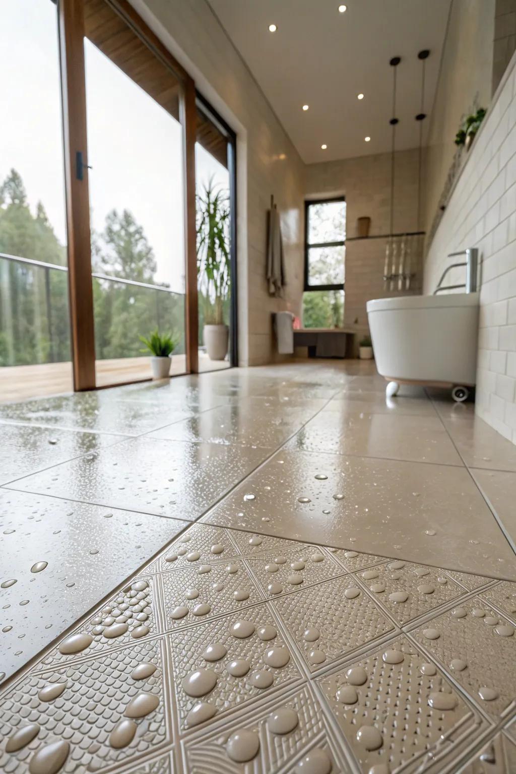 Textured tiles enhance safety while keeping a stylish appearance.