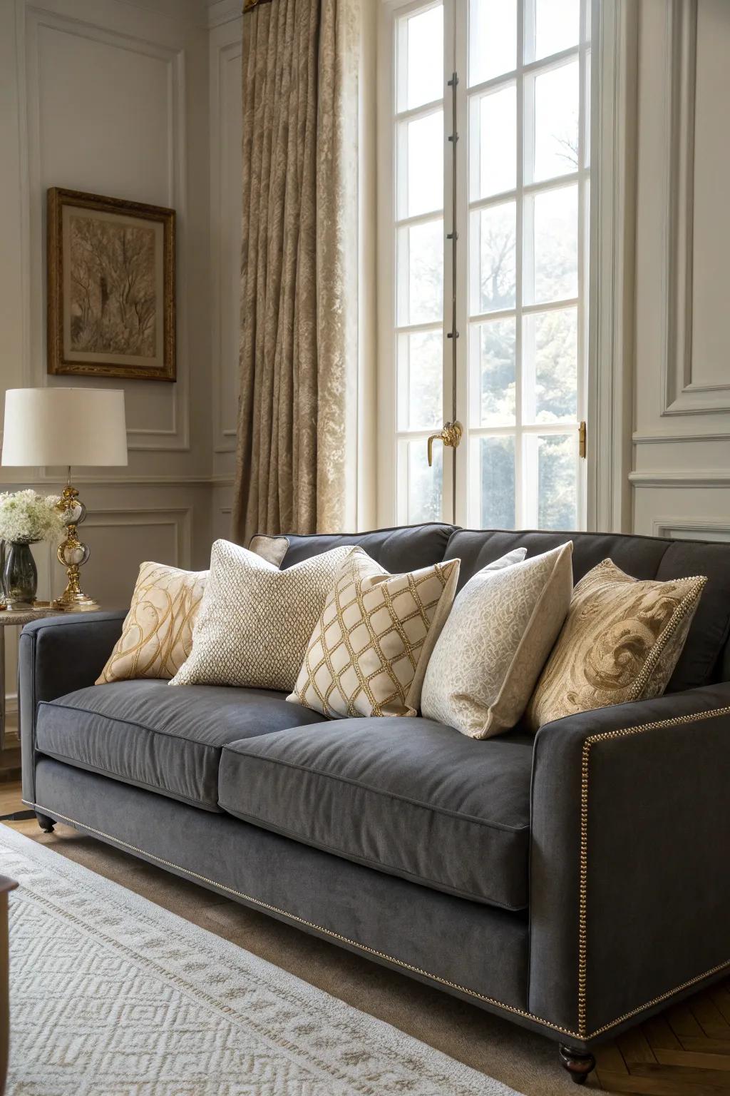 Neutral cushions in sandstone and ivory establish a sophisticated aesthetic on a dark grey sofa.
