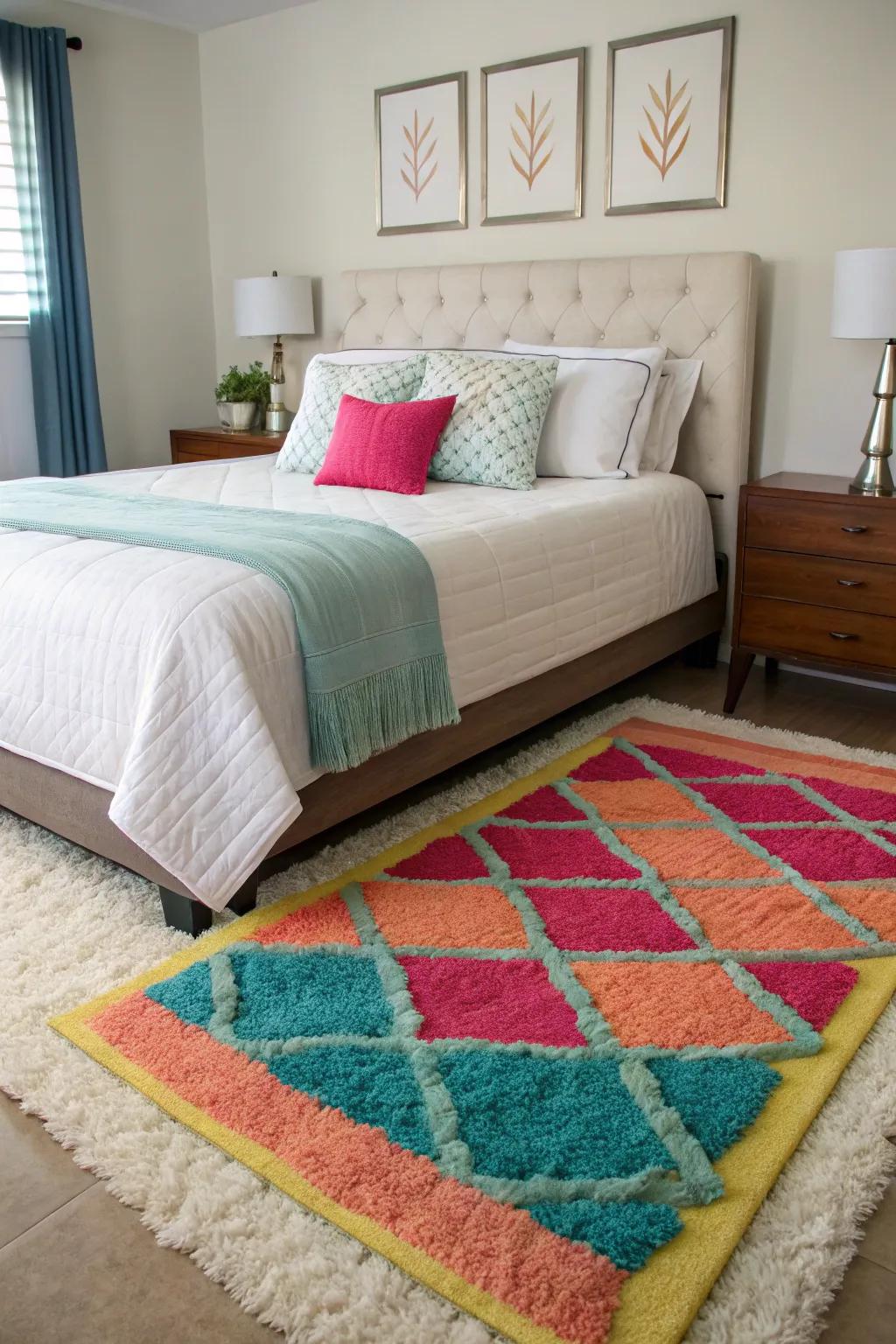 Two 4x6 rugs add a creative and personalized touch to a distinctive bedroom design.