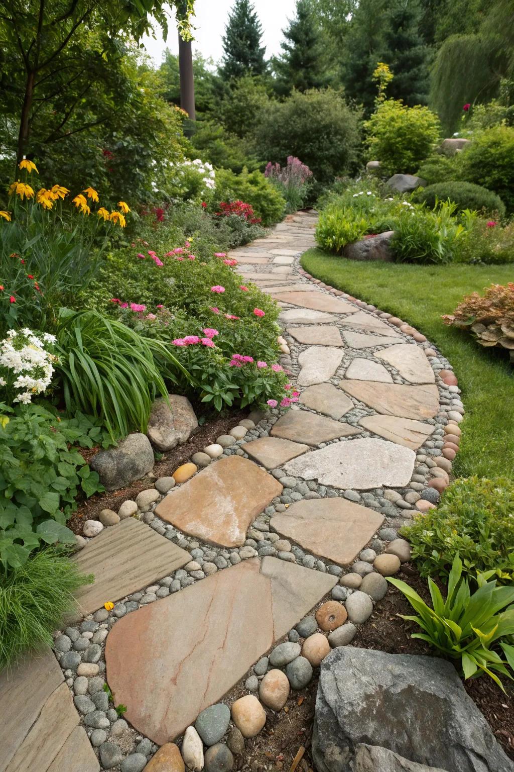Ornamental stones add texture and individuality to a flagstone path.