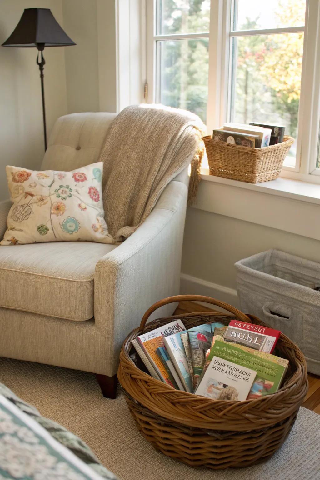 Develop a reading corner with a basket that houses your favorite magazines and novels.