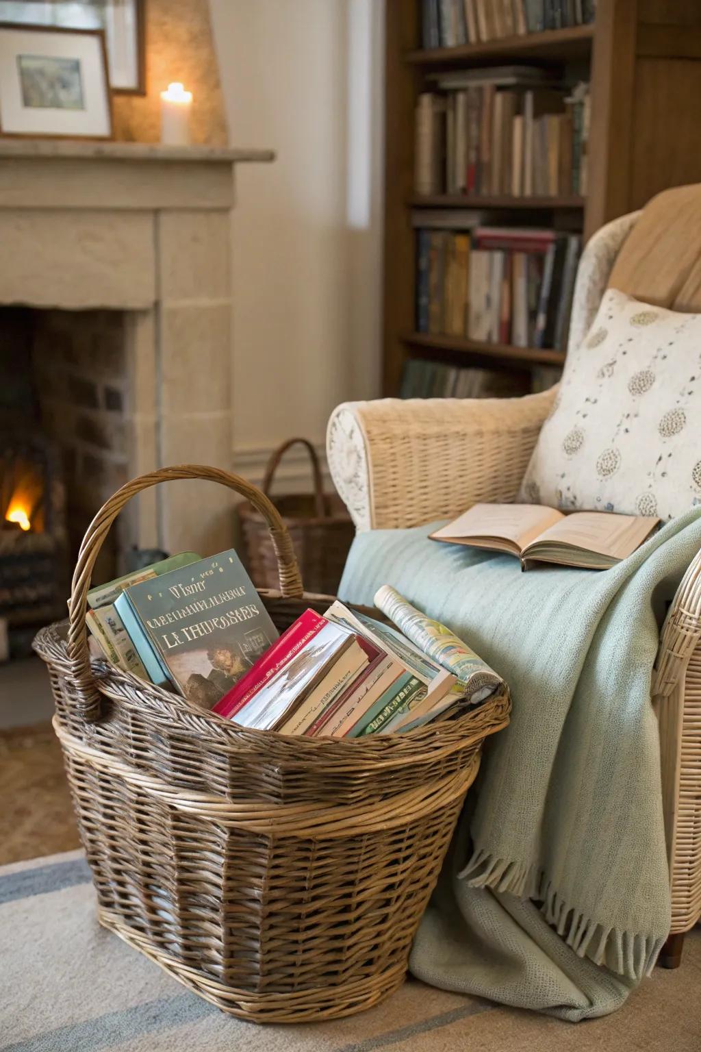 A basket filled with books creates a snug reading space in any area.
