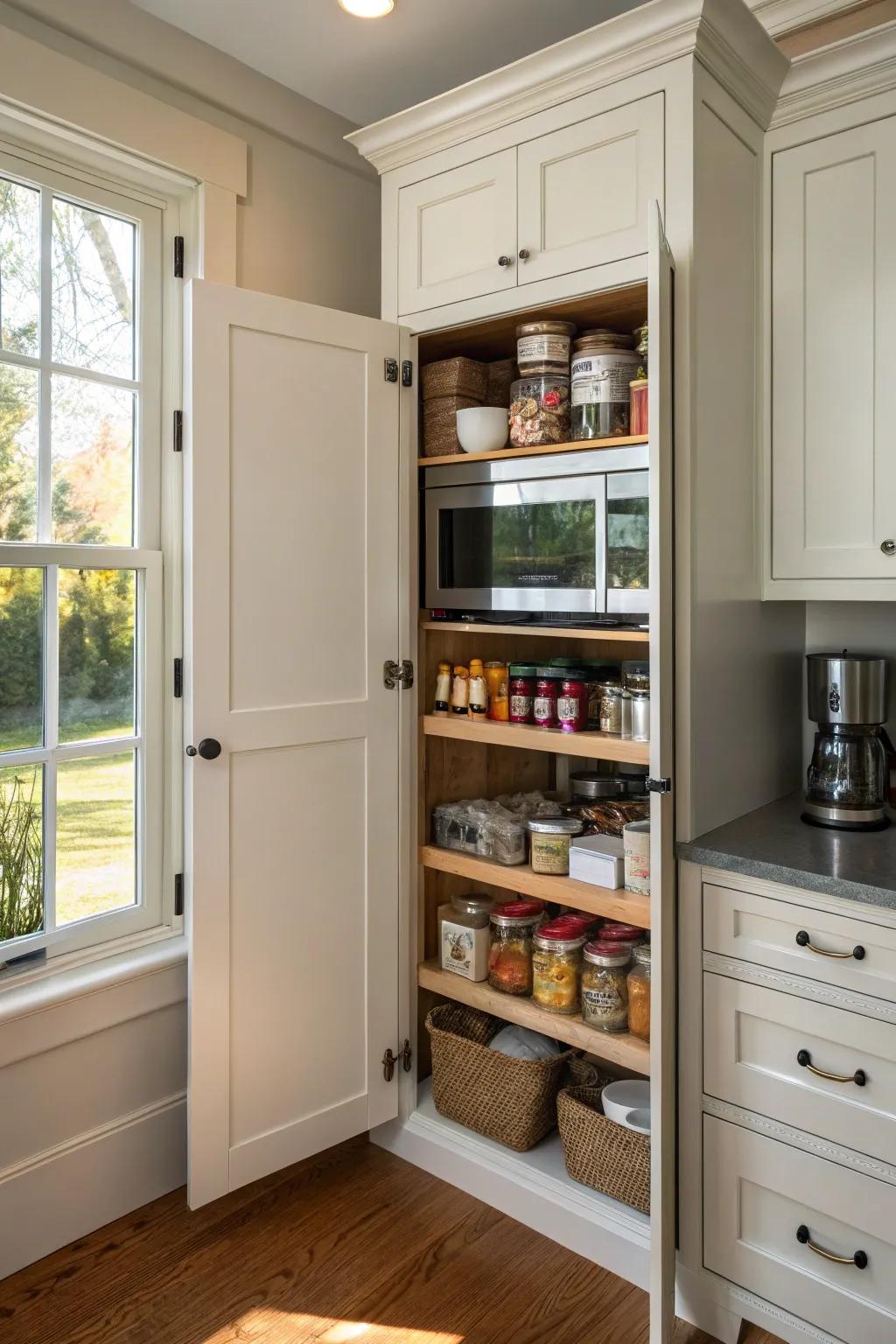 A microwave discreetly housed in a kitchen larder.