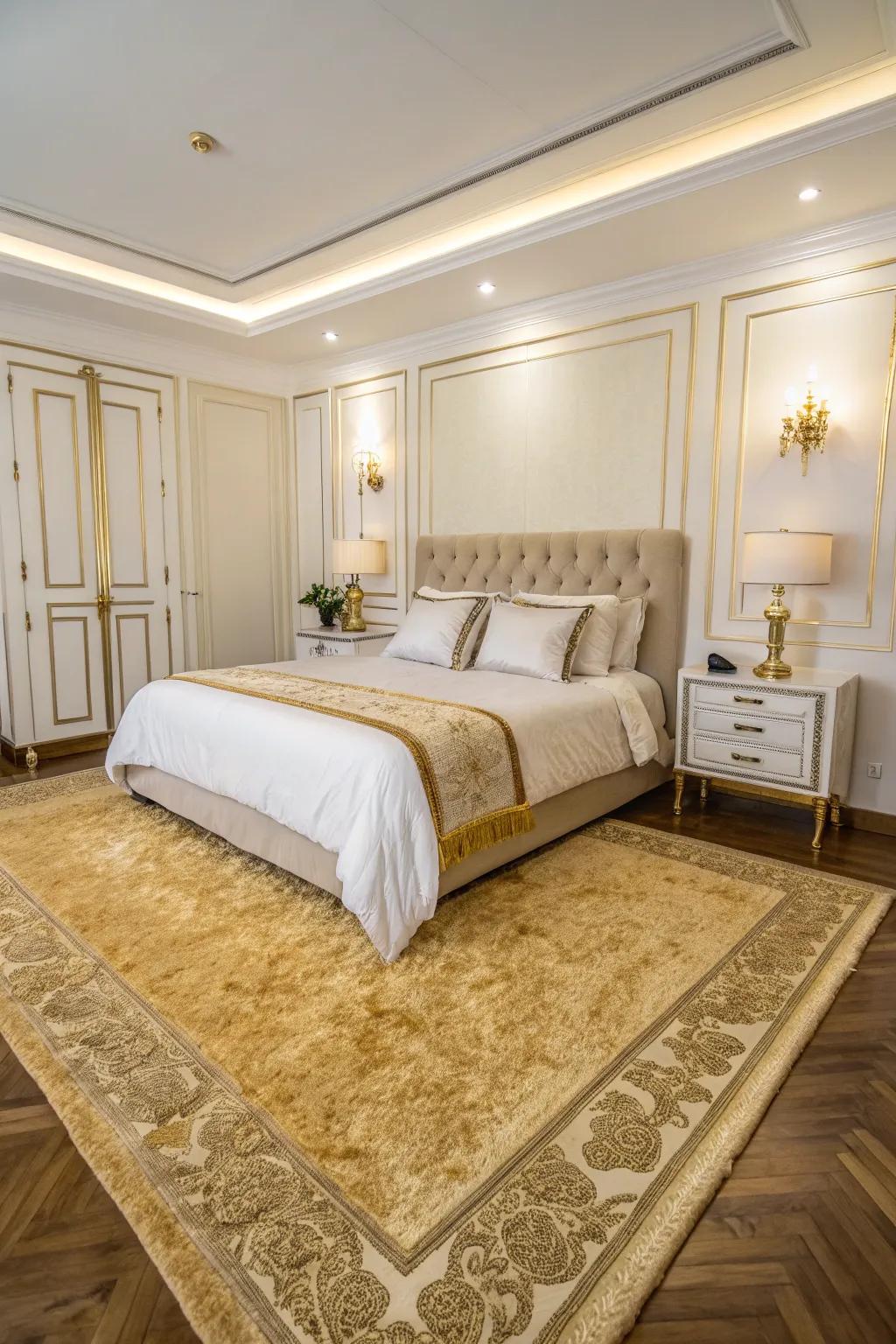A sumptuous gold rug consolidates and warms the area.