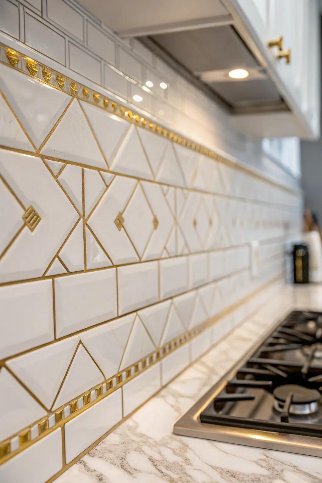 A delicate backsplash featuring gilded accents sustains the kitchen's bright and unified feel.