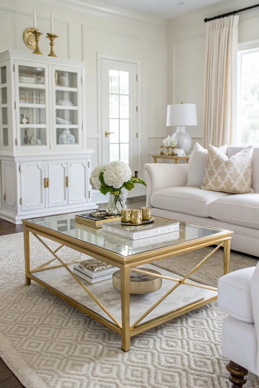 A center table with gold accents acts as a stylish centerpiece.