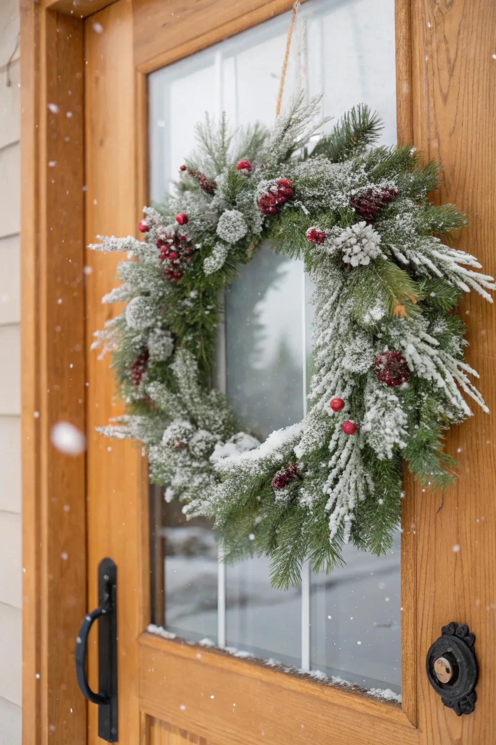 An ivory wreath establishes the ambiance for a festive entryway.