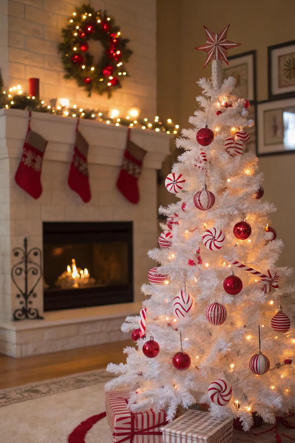 A playful candy cane theme bringing joy to a white Christmas tree.