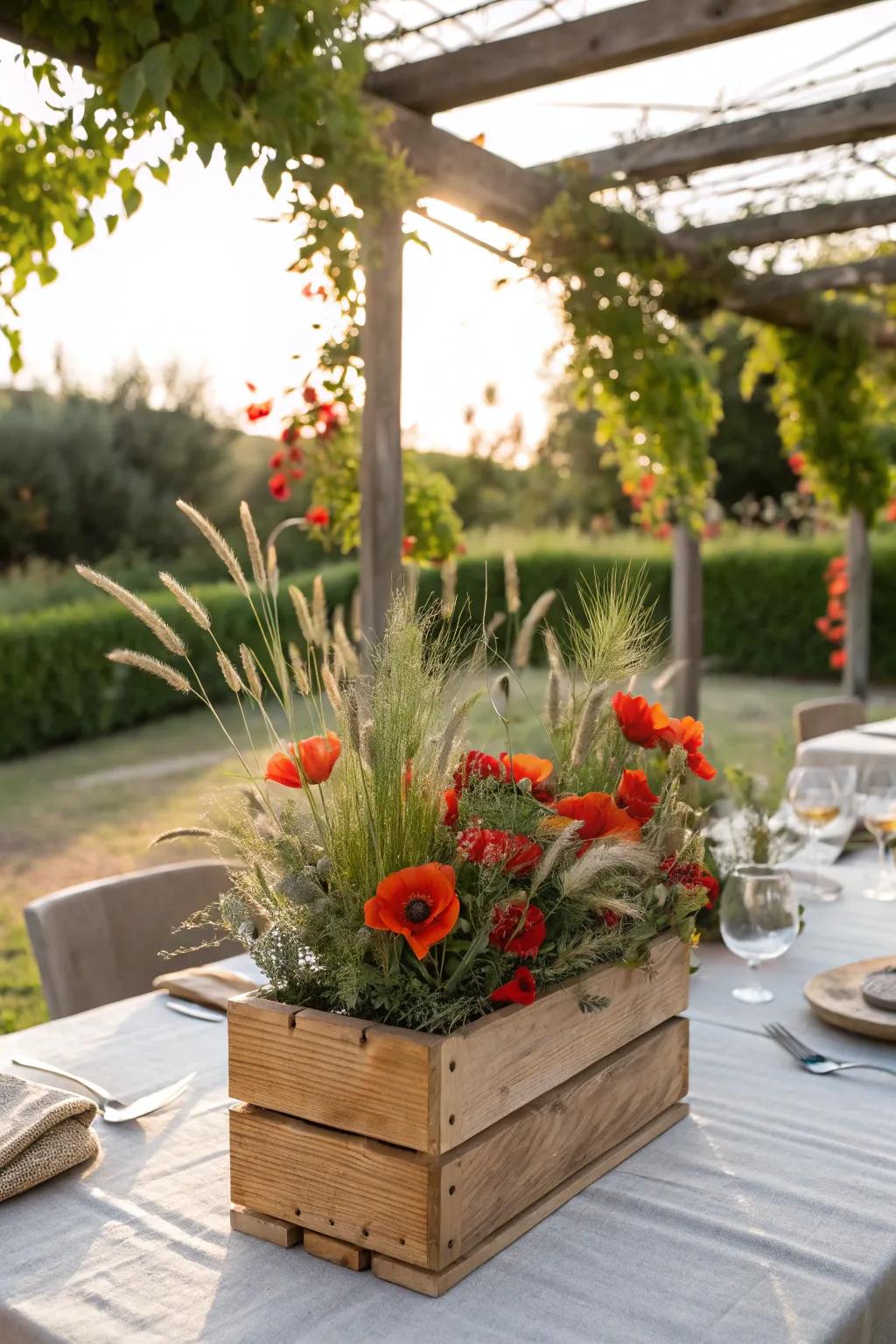 A timber-constructed container serves as a countryside vessel appropriate for a wildflower configuration.