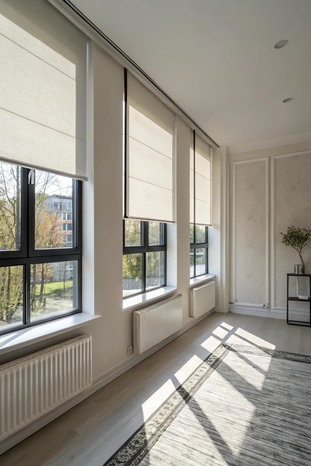 In a study space, minimalist roller shades highlight simplicity.