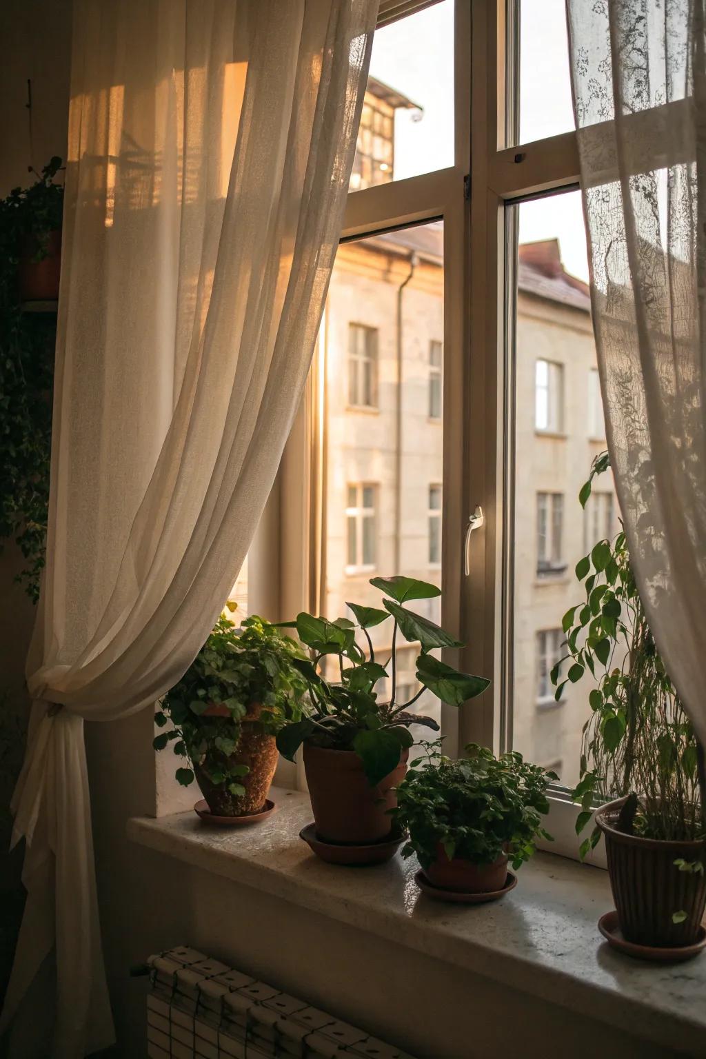 Ornamental features like curtains and flora enrich this window.