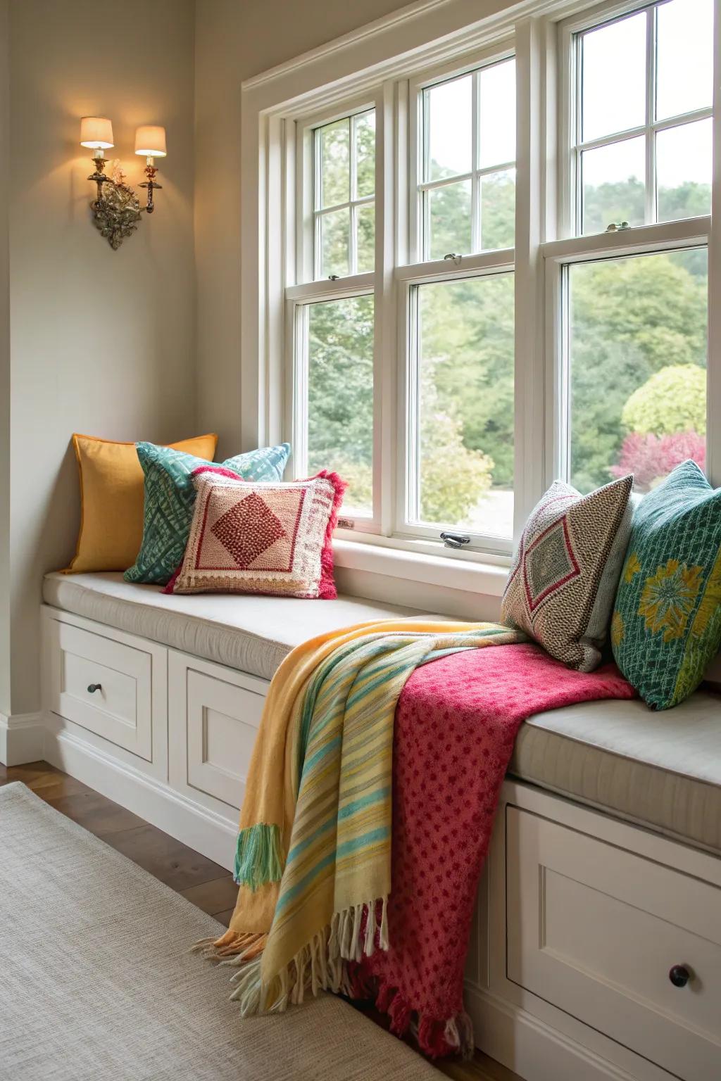Incorporate color via textiles, resulting in an inviting and cheerful window seating arrangement.