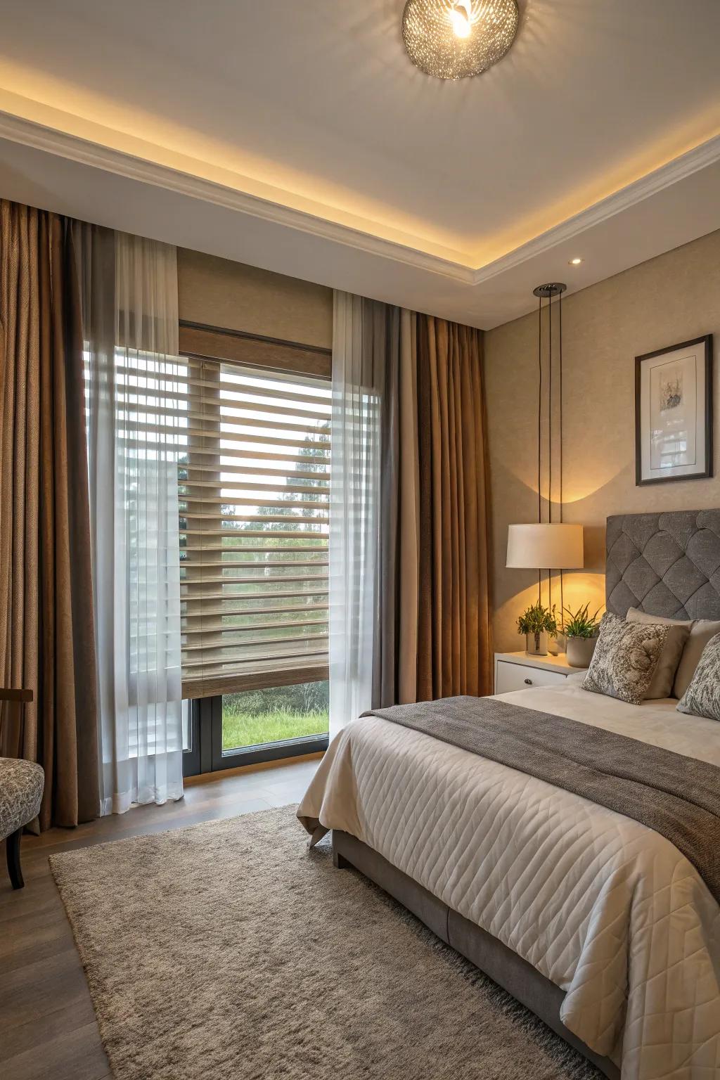 Combine blinds and curtains for a layered, adaptable design.