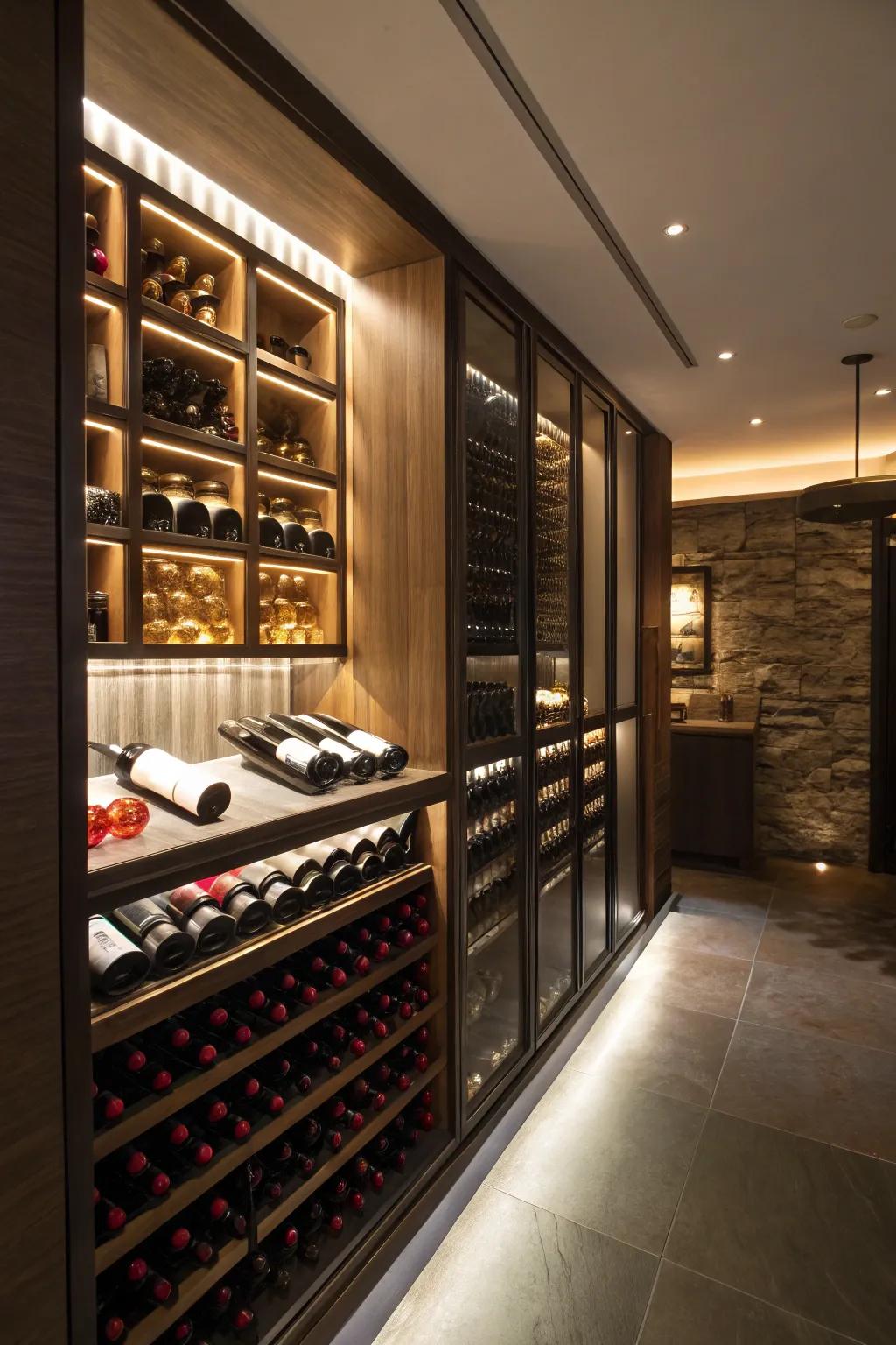 Wine bottles showcased on illuminated shelves create a captivating display.
