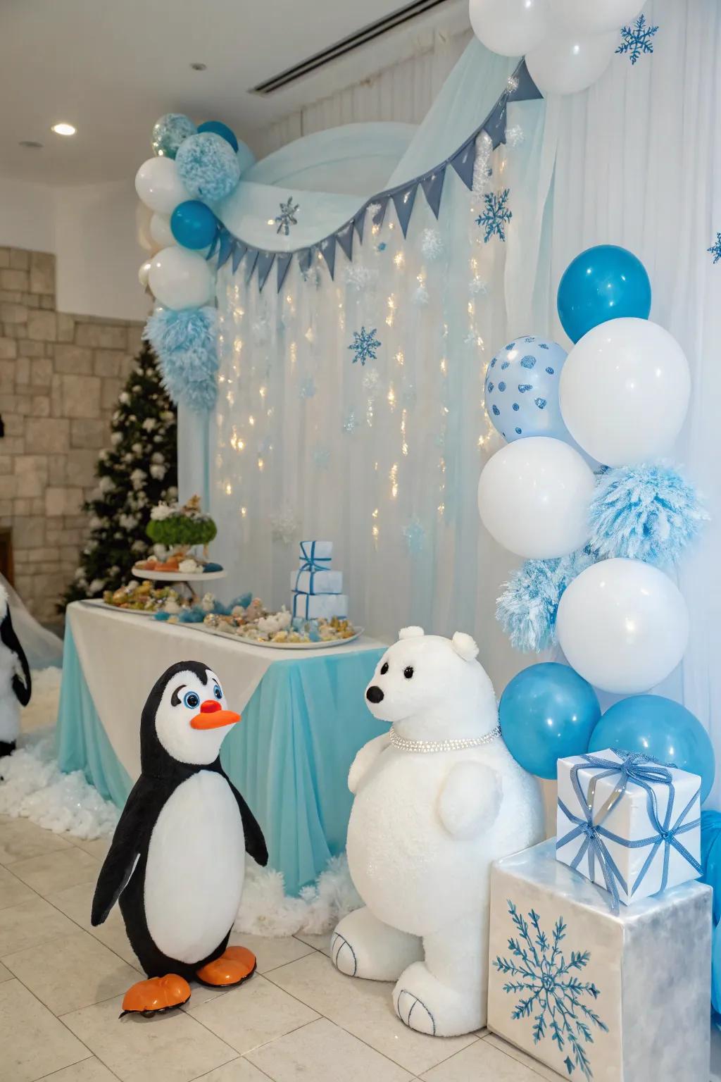 A charming baby shower with a penguin and polar bear theme.