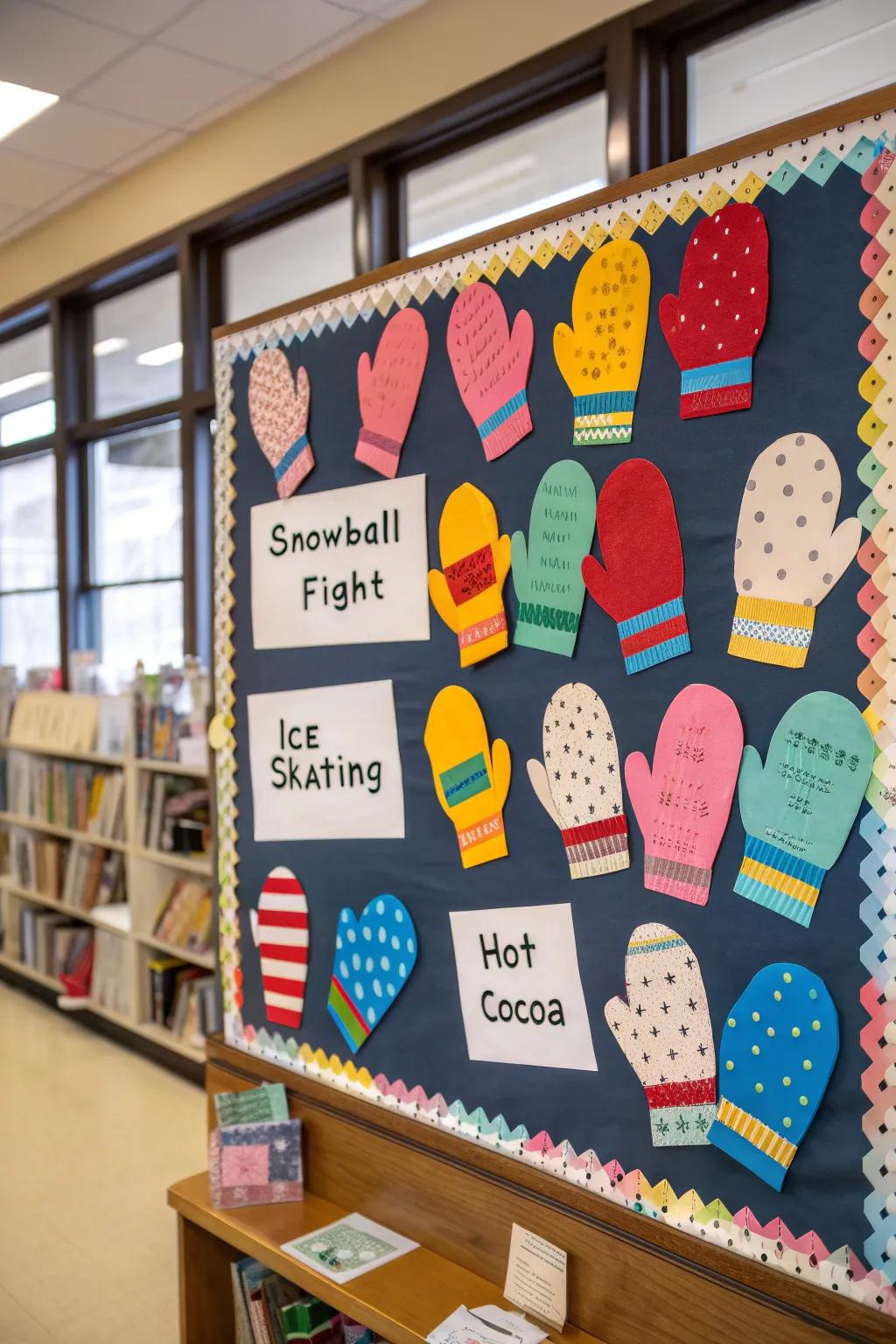 A mitten display showcasing the preferred winter activities of the students adds a personal touch.