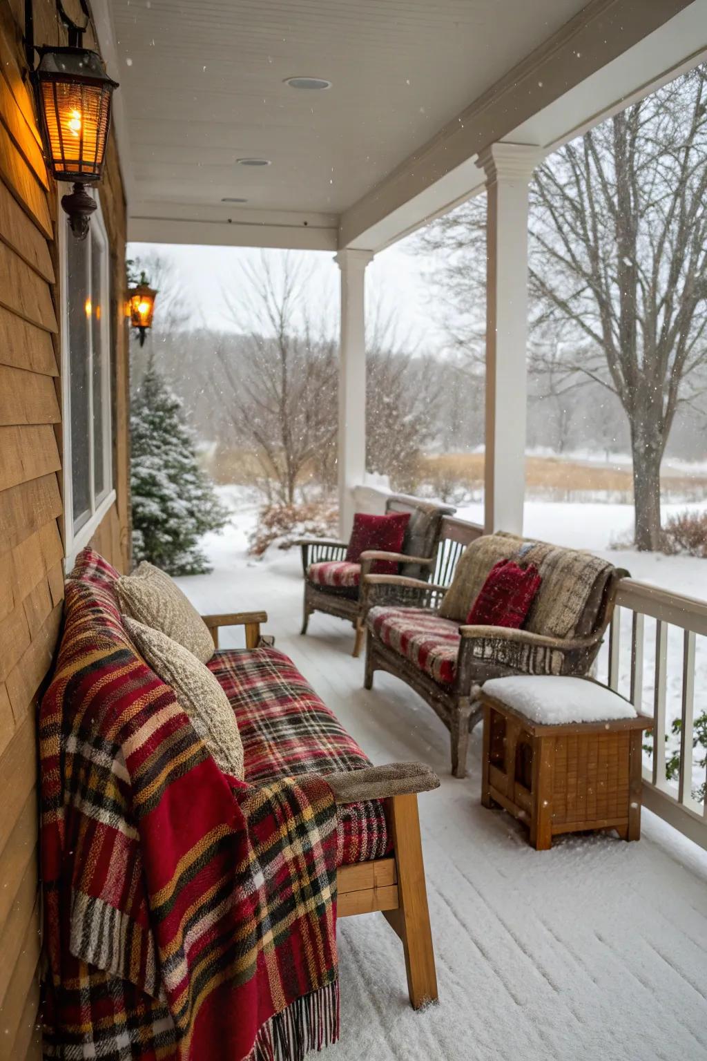 Comfortable fabrics enhance a winter porch seating area.