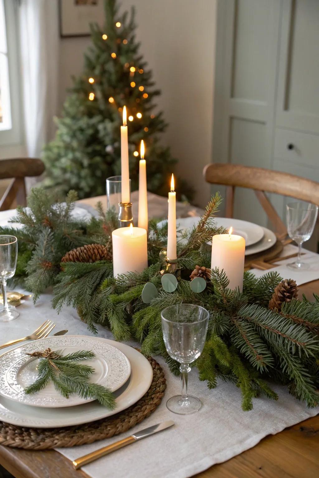 A festive evergreen centerpiece enhances the elegance of the dining surface.