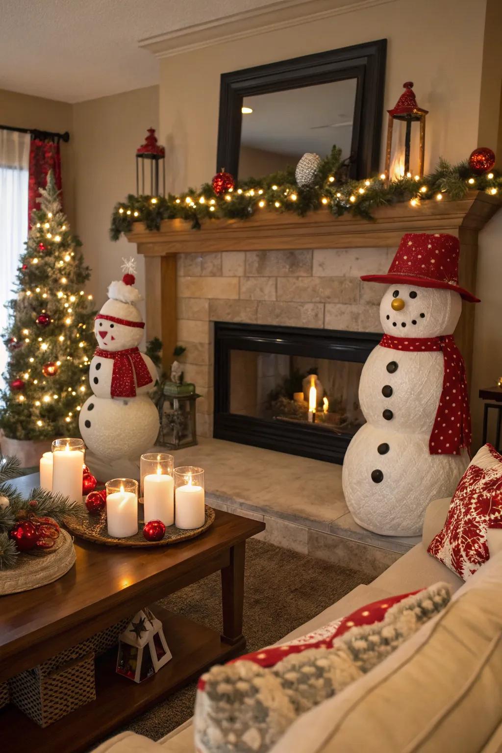 Infuse an amusing accent through a snow-figure-themed display.