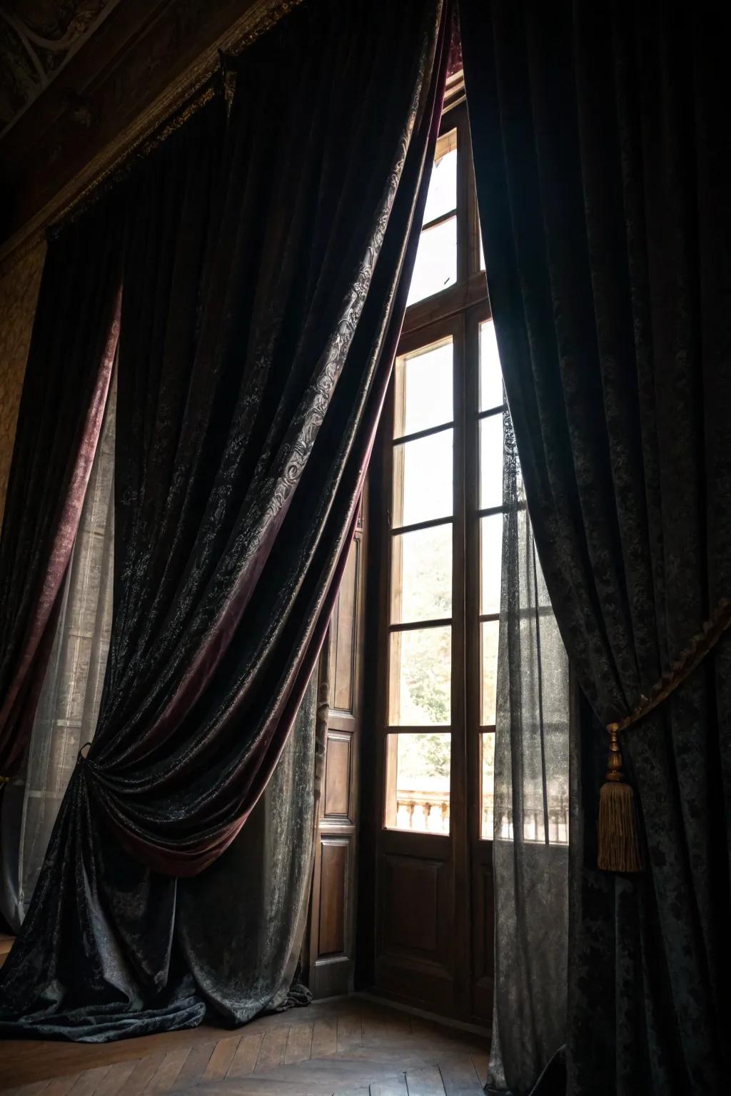 Somber drape contributes a gothic stroke to the den.