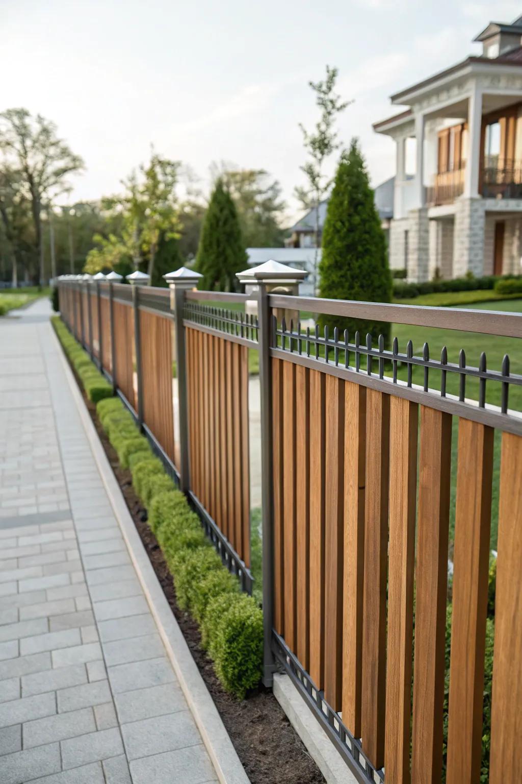 An elegant fence featuring vertical timber boards and metallic edging.