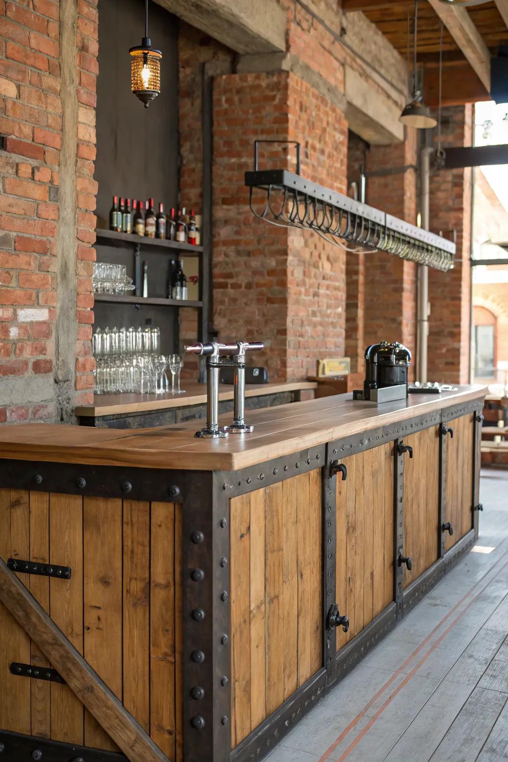 An industrial-style bar mixing timber and metal features.