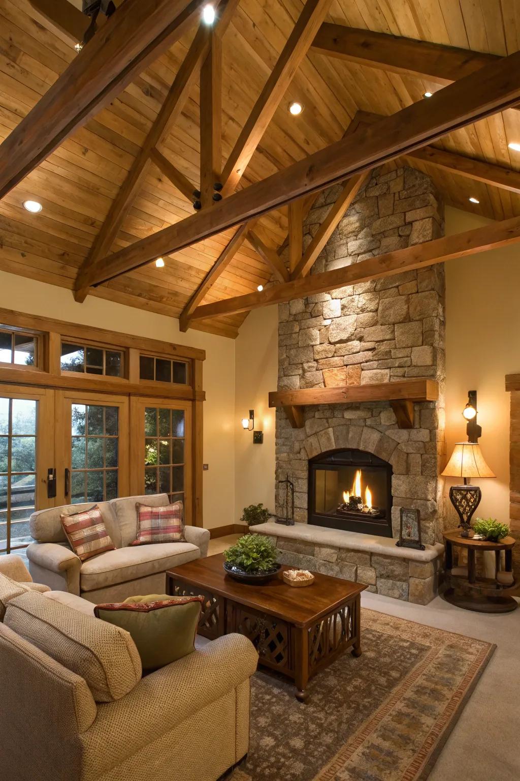Inviting family room featuring a hearth and timber supports.