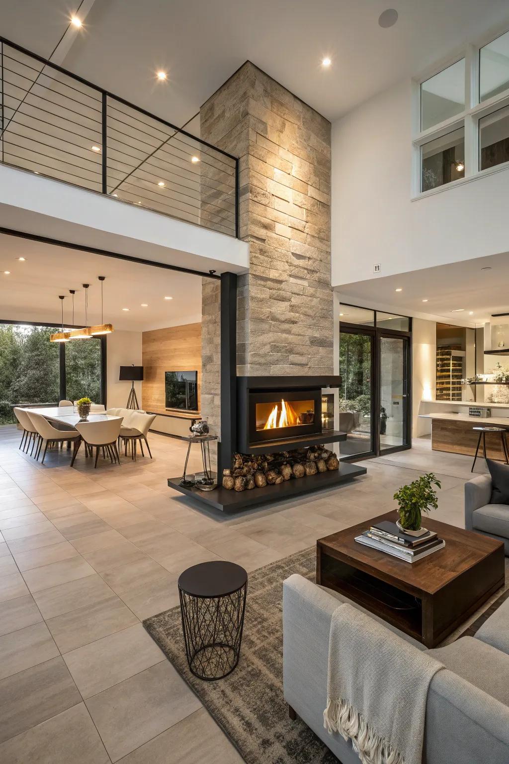 Unite spaces with a dual aspect fireplace.