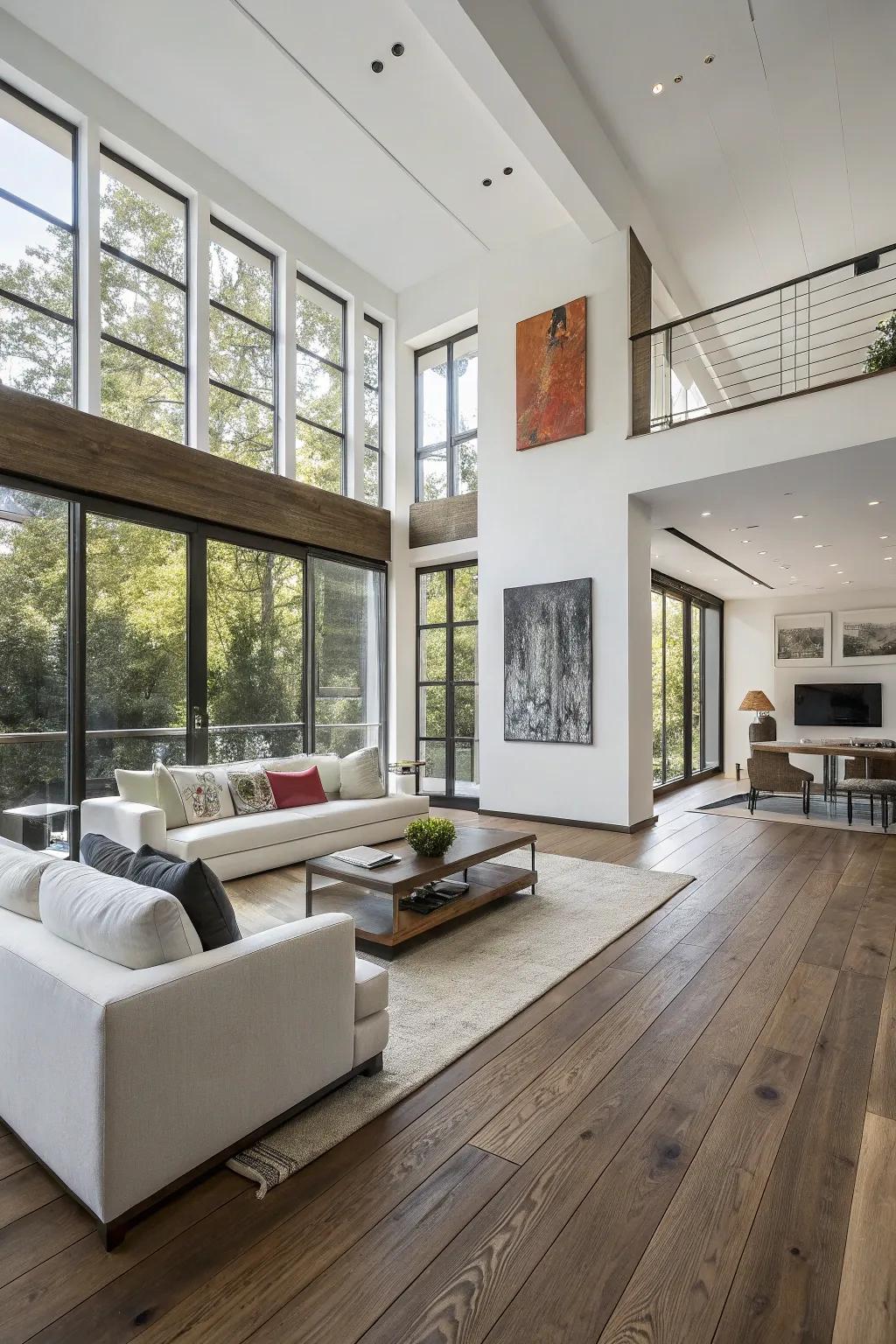 Contemporary space featuring broad plank wood flooring.