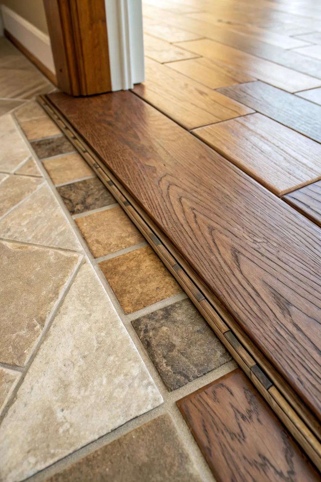 An up-close view of a threshold piece transition uniting tile and wooden flooring.
