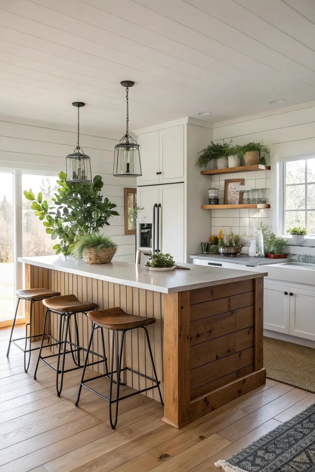This inviting kitchen island is given coastal charm by shiplap paneling.